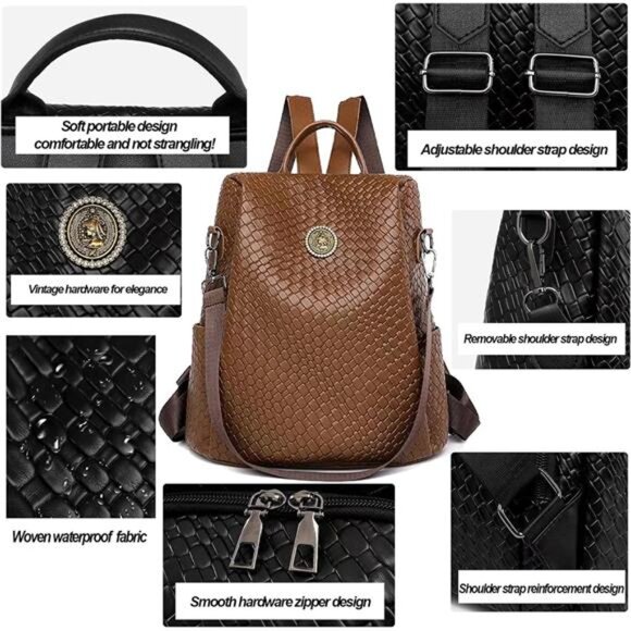 Woven Leather Backpack Purse for Women Waterproof Anti-theft Multipurpose main image 7